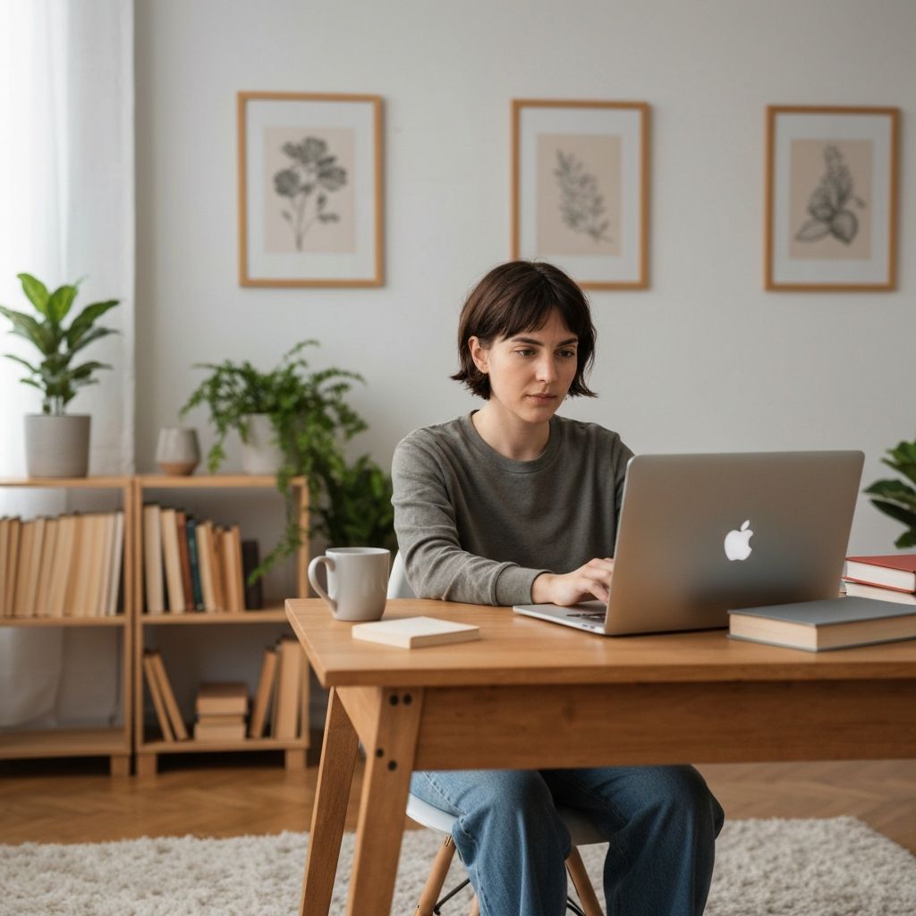 Persona en videollamada informativa desde su hogar